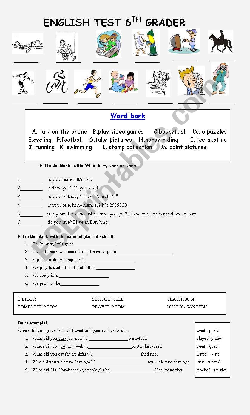 english test for sixth grader worksheet