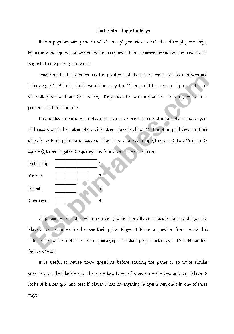 Holidays - battleship worksheet