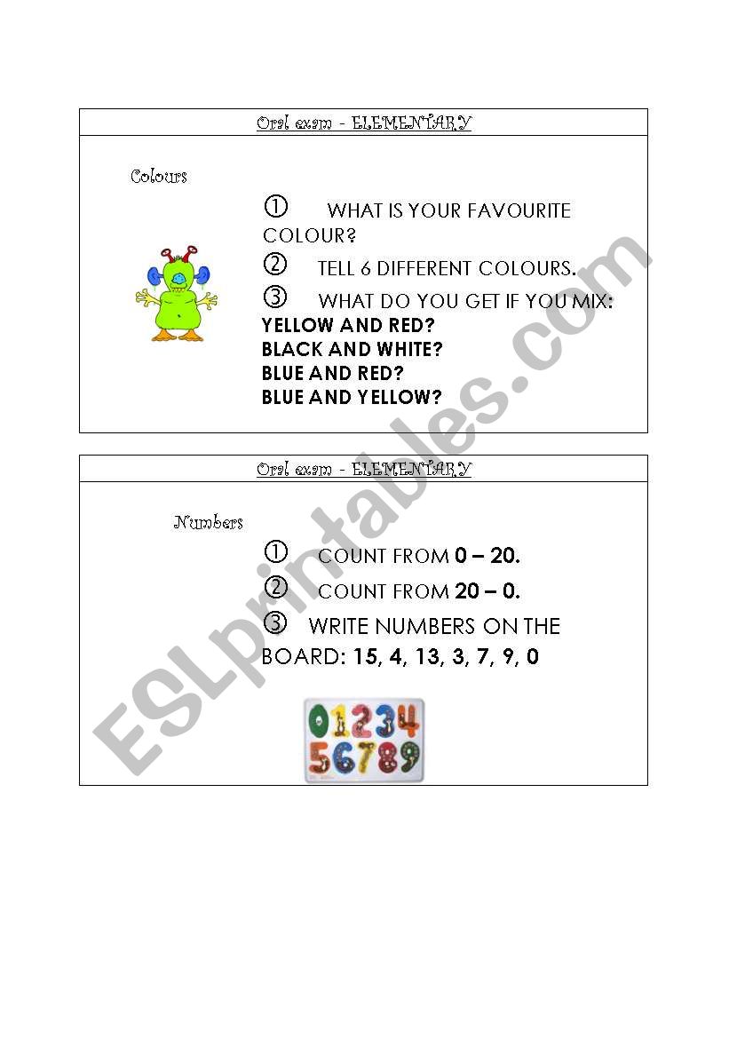 oral exam card no. 1 worksheet