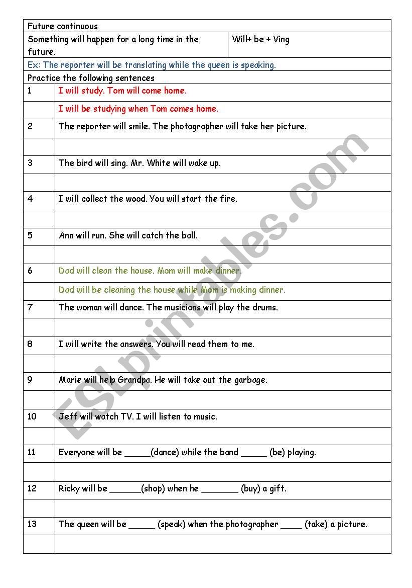 future continuous worksheet