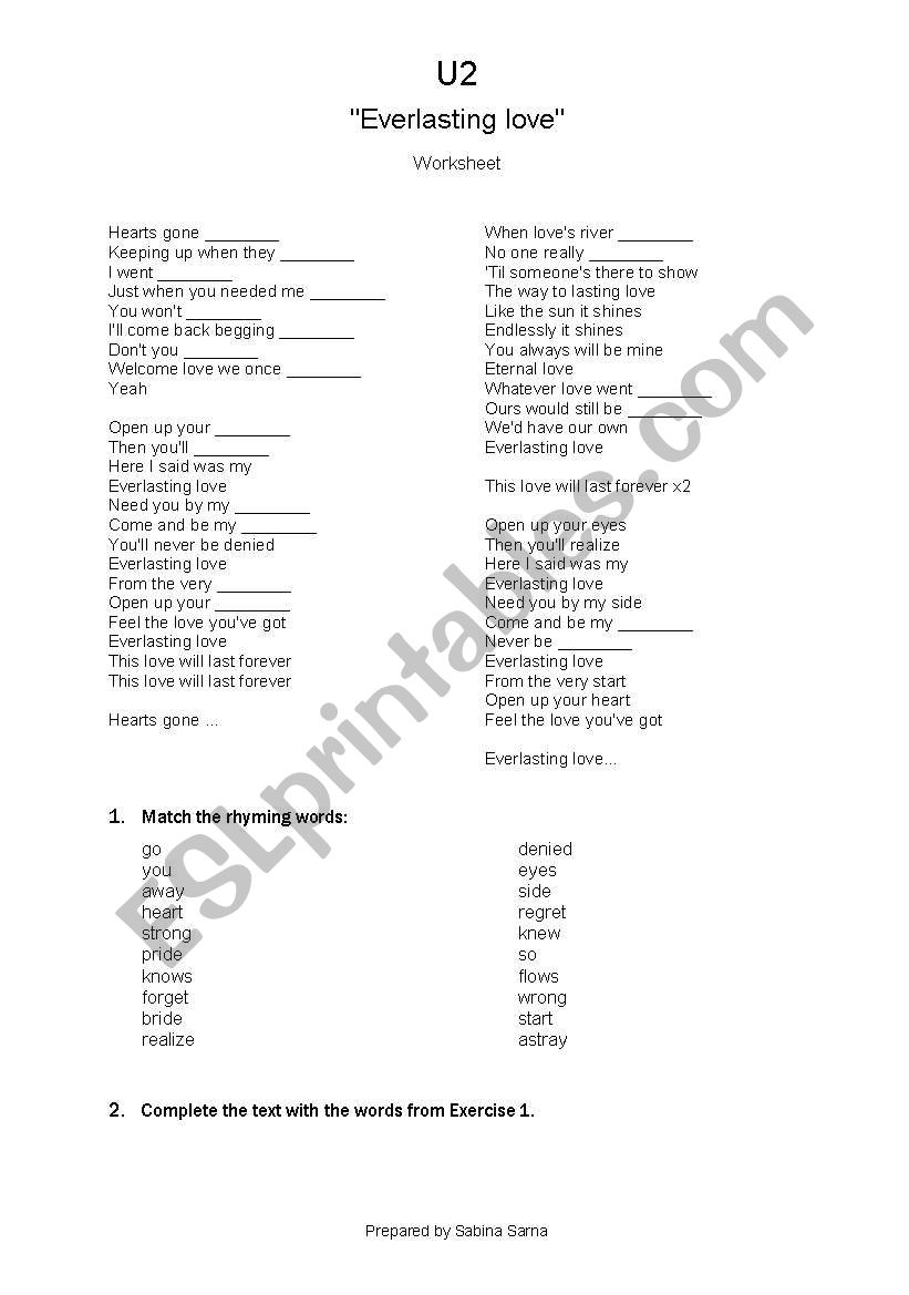 Song Everlasting Love By U2 Esl Worksheet By Sarna