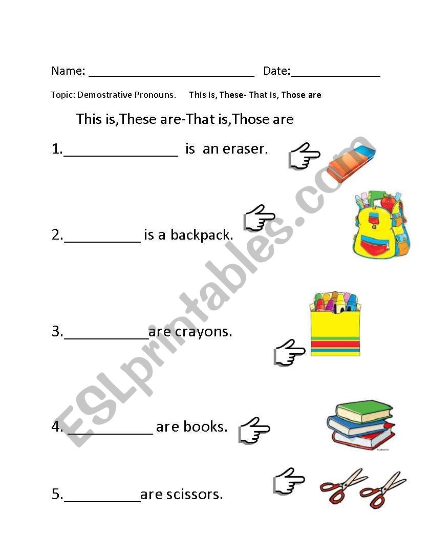 Demostrative pronouns worksheet