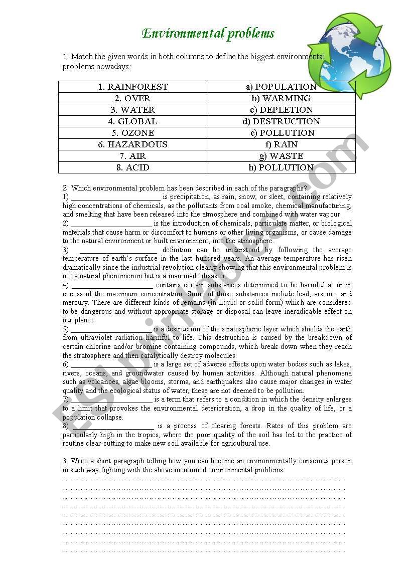 Environmental problems worksheet