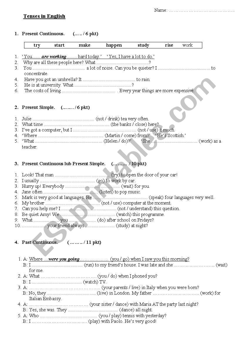 Mixed Tenses Test worksheet