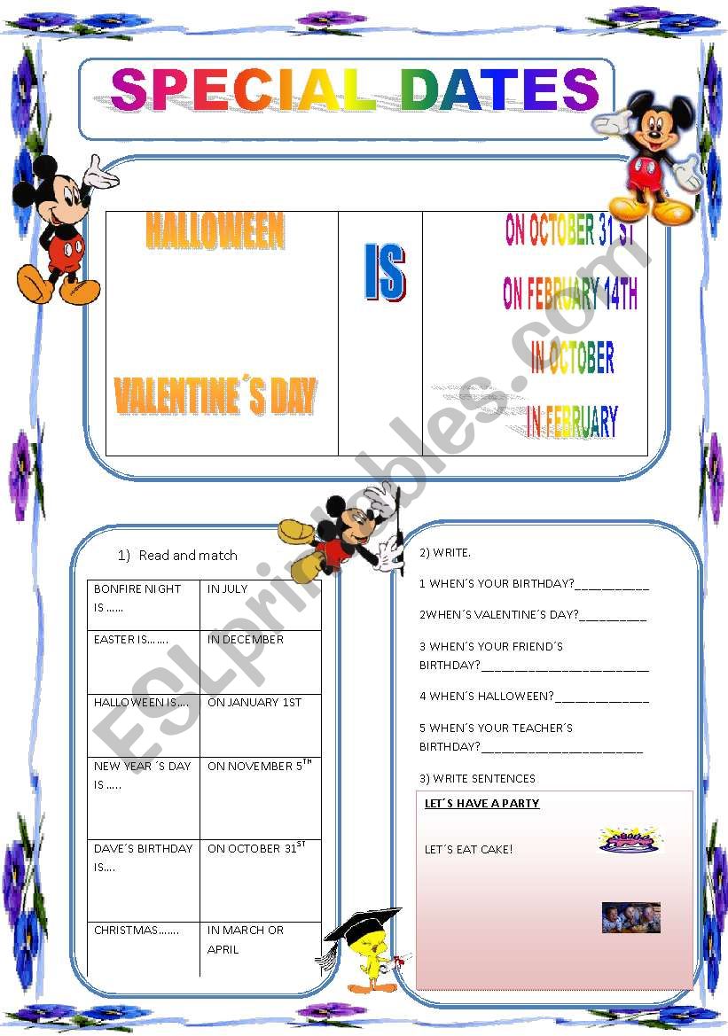 SPECIAL DATES worksheet