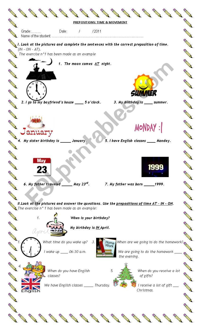 Prepositions Time & Movement worksheet