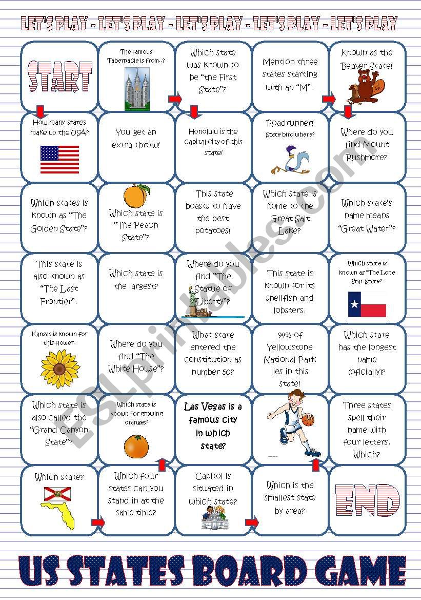 US States Board Game - ESL worksheet by Mulle