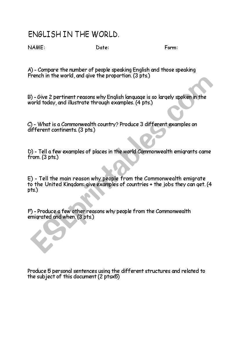English in the world- Test worksheet