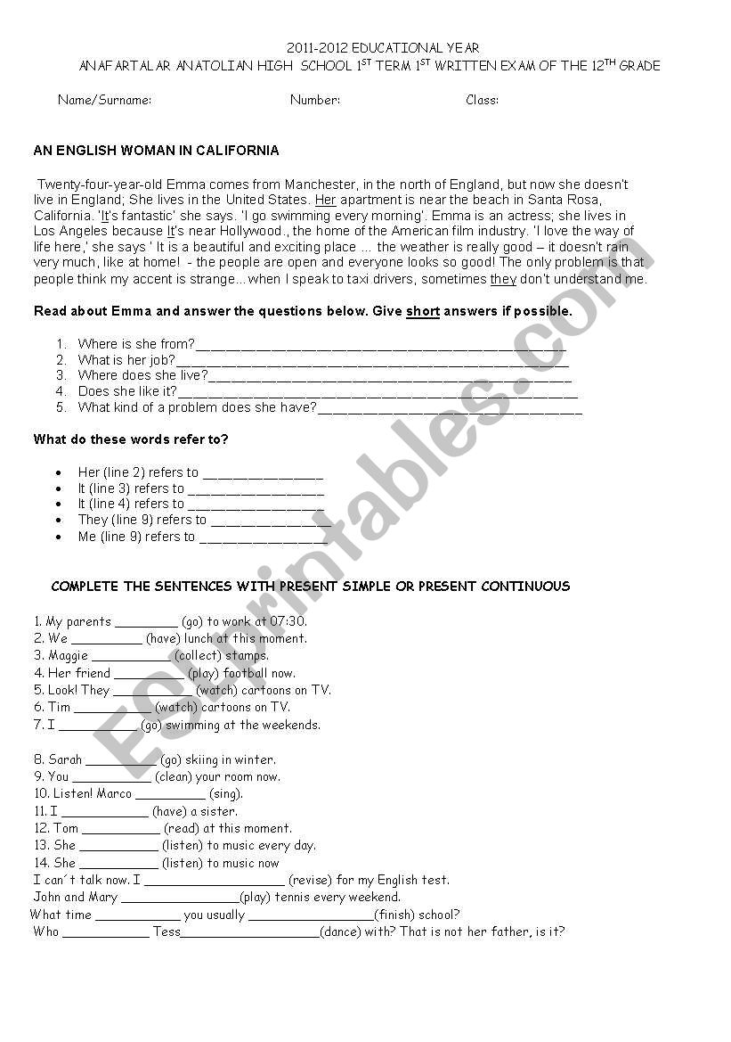 12 th grade wrýtten exam worksheet