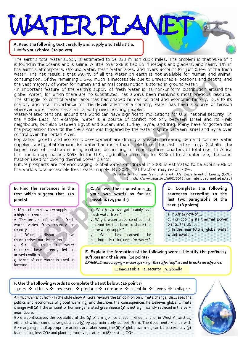 A TEST ON THE ENVIRONMENT (water resources) - 11th grade (key included)