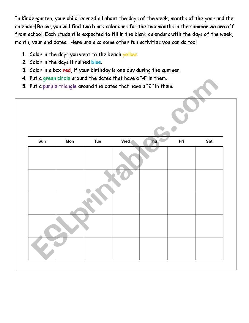 Summer Calendar Activity- Kindergarten to First