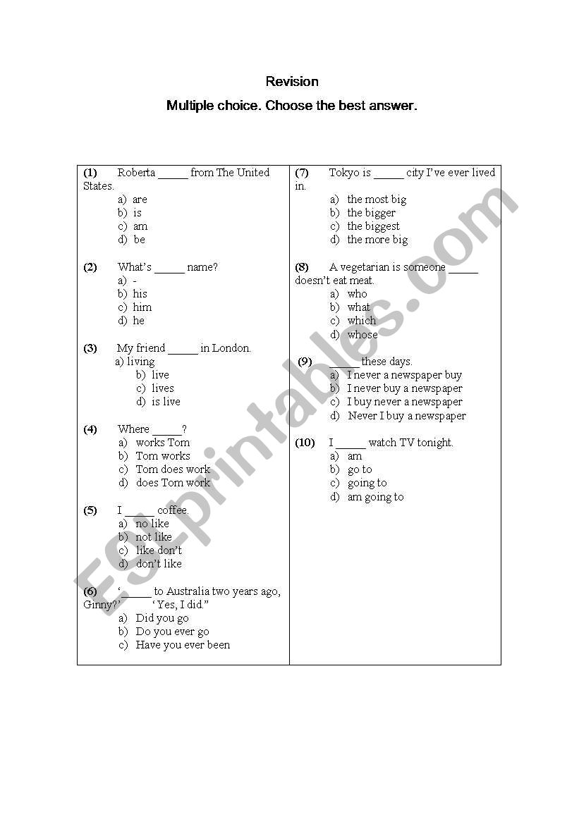 Diagnosis Test worksheet