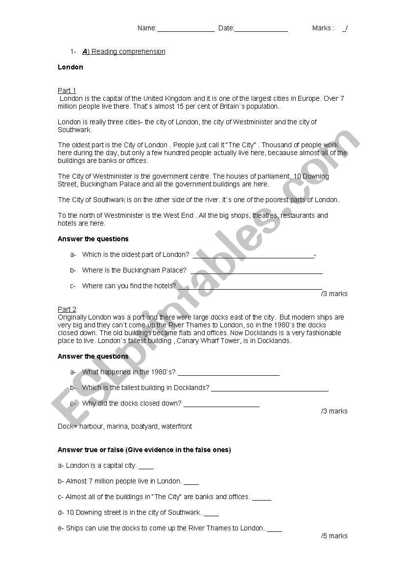 londong reading comp worksheet