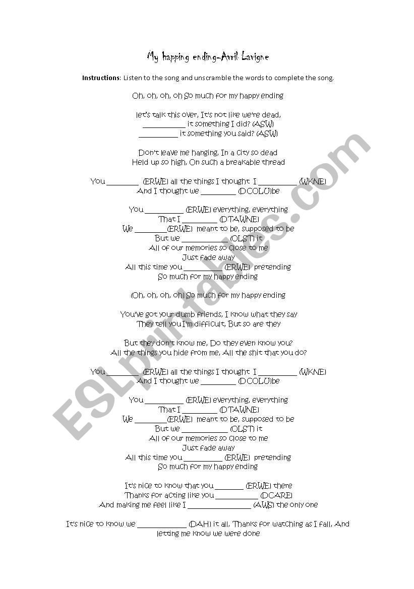Happy Ending-Avril Lavigne worksheet