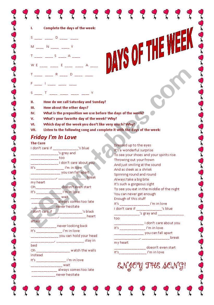 Song Friday Im in love worksheet