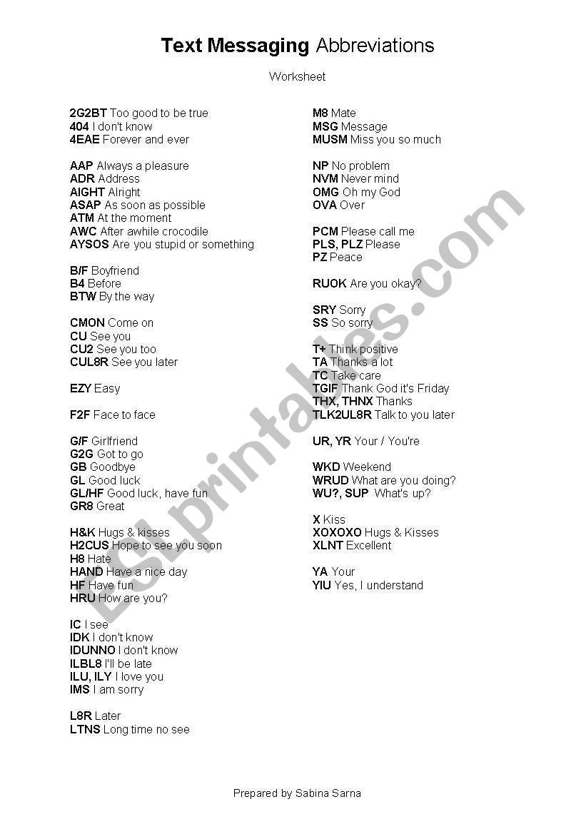 Text Messaging Abbreviations worksheet