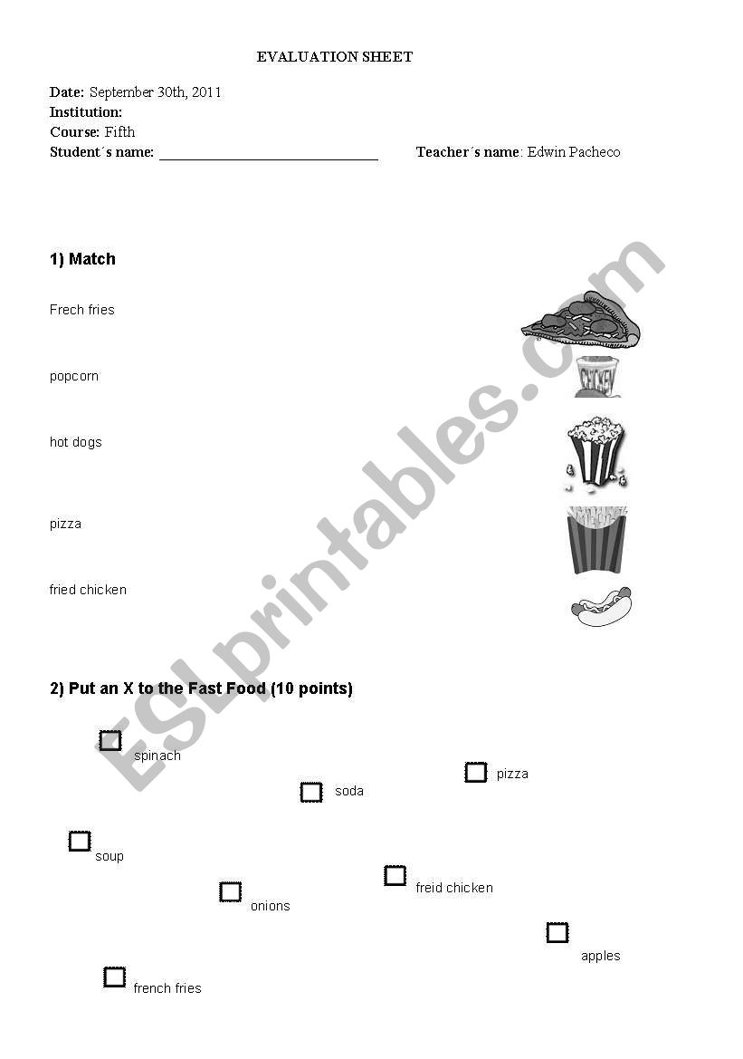 Fast food worksheet