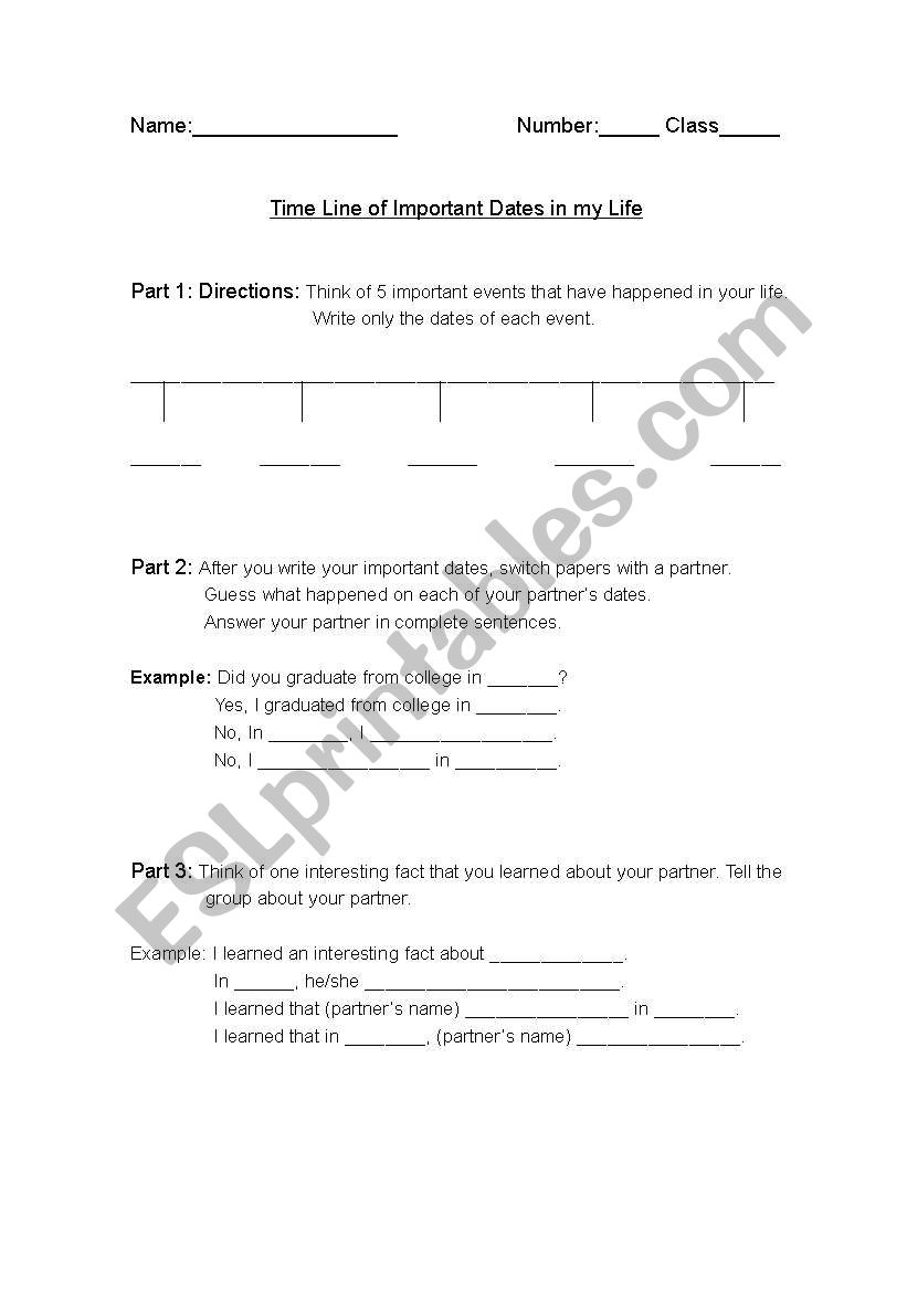 Past Tense Time Line  worksheet