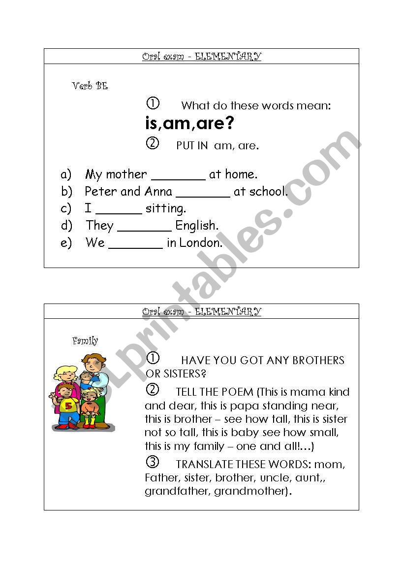 ORAL EXAM elementary CARD 4 worksheet