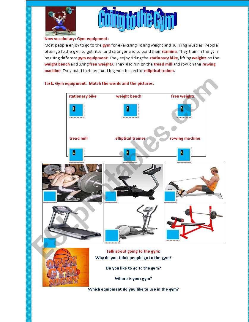 Going to the Gym worksheet