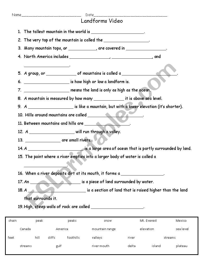 Landforms worksheet