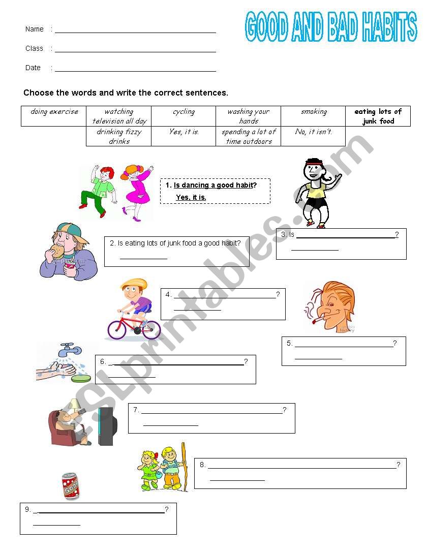 Good and Bad Habits worksheet