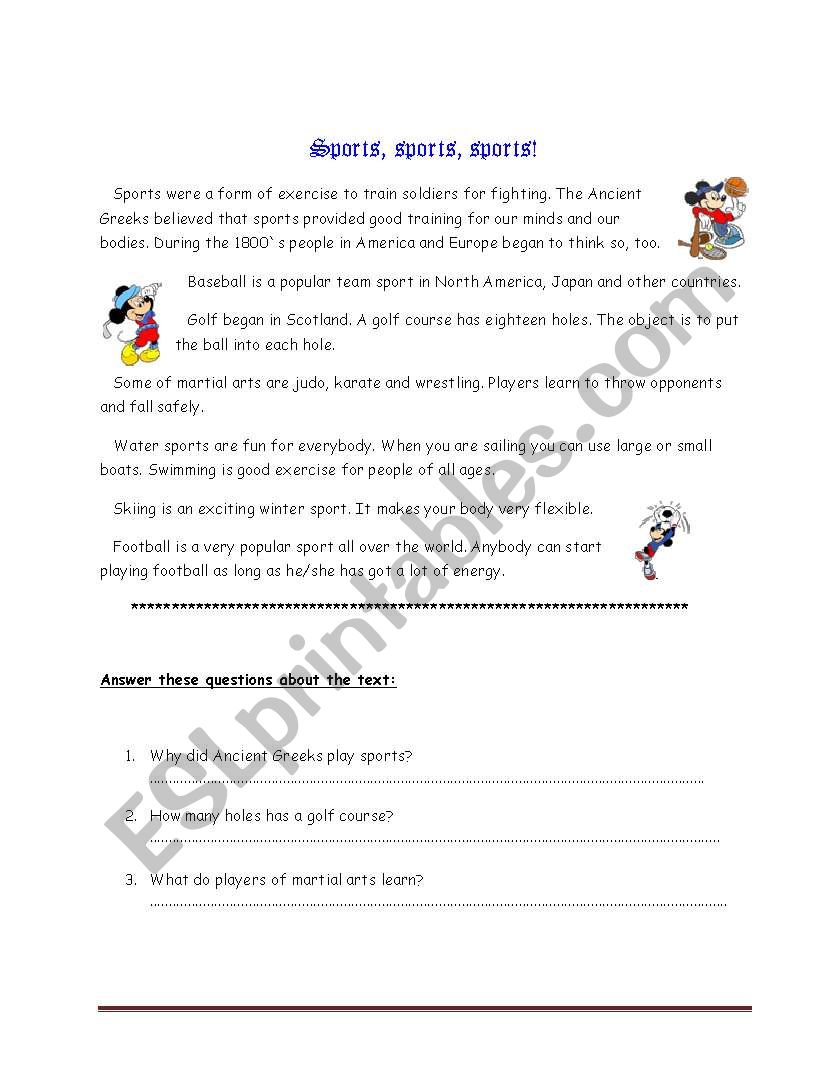 readind sports worksheet