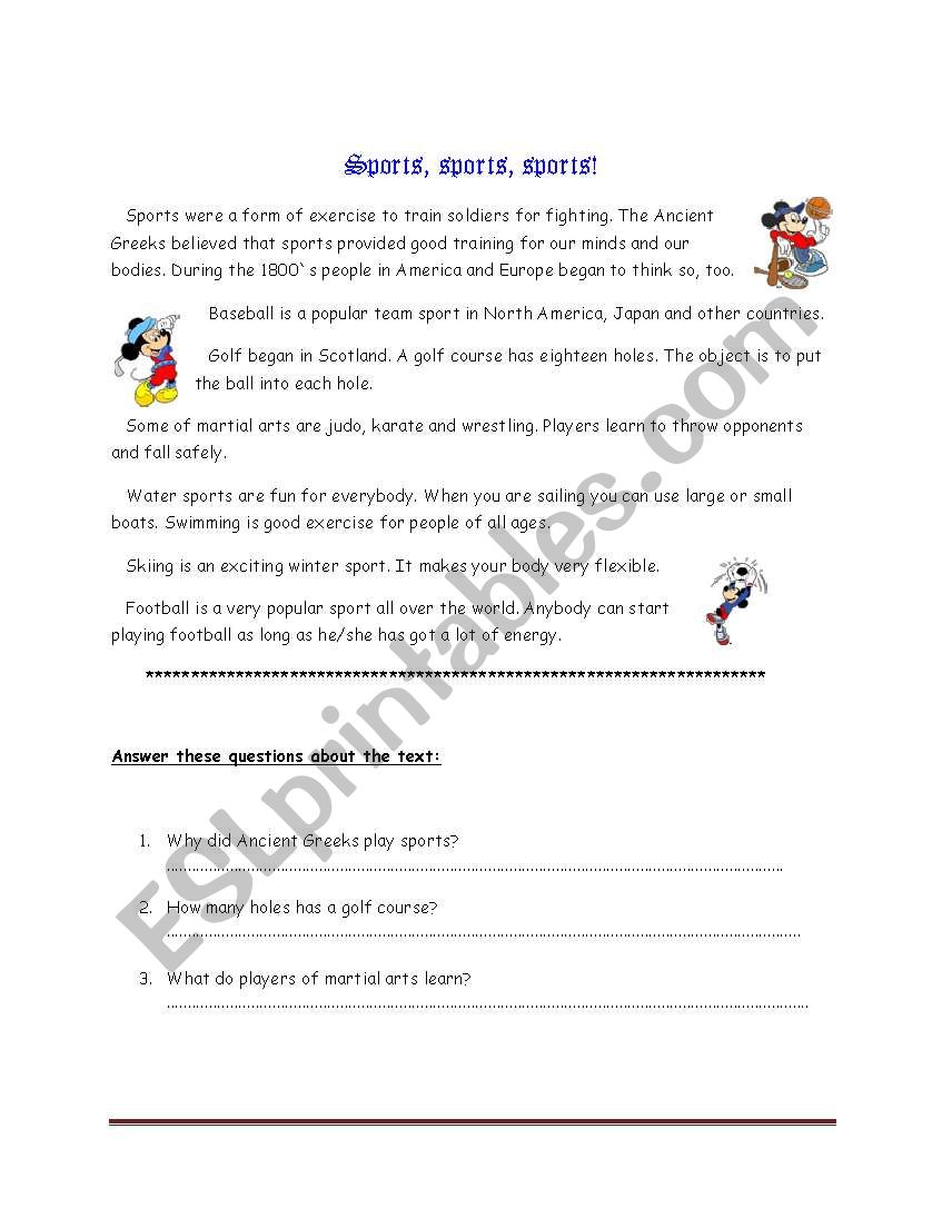 readind sports worksheet