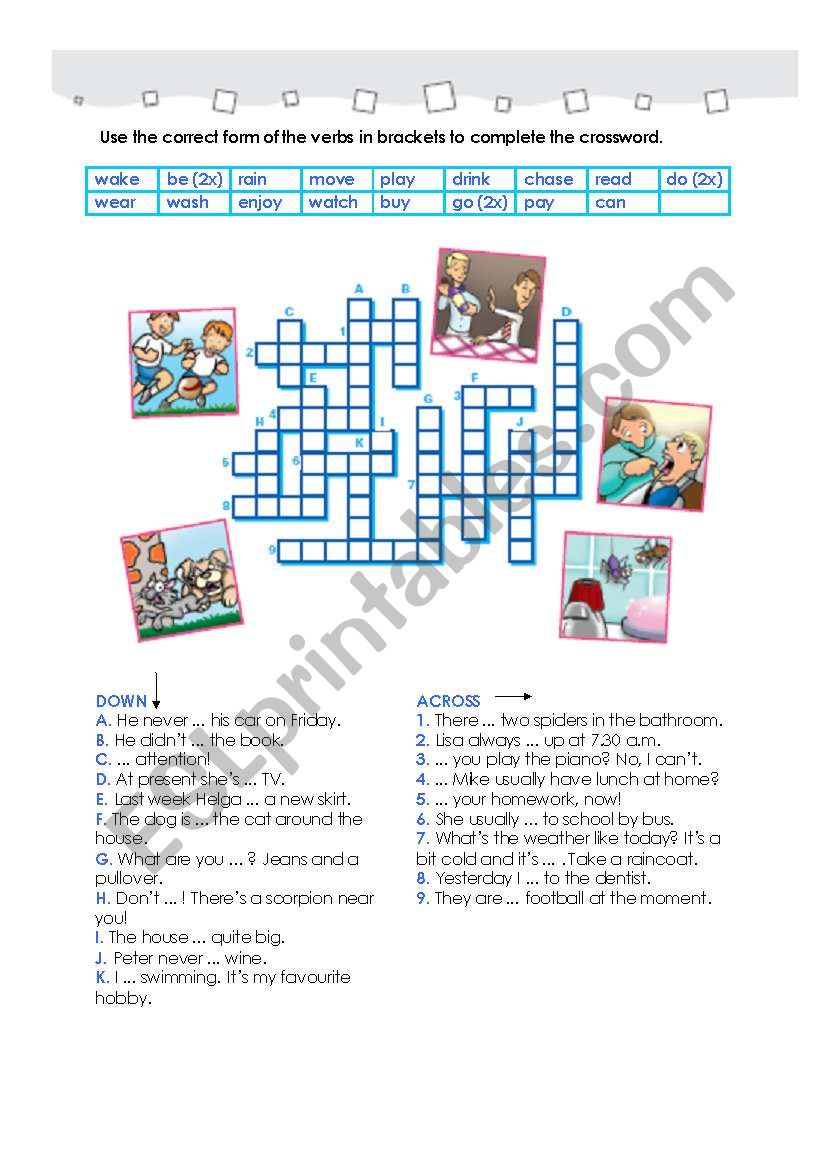 verbs crossword worksheet