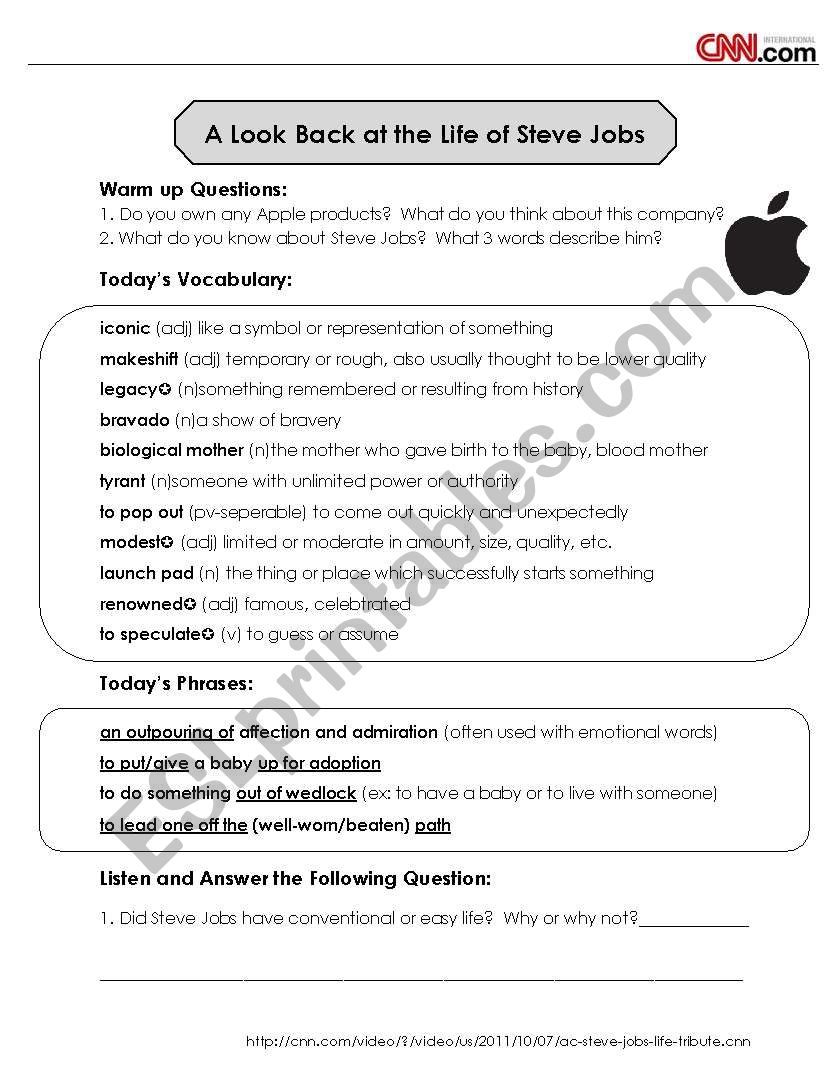 CNN News Listening and Discussion - Steve Jobs - ESL worksheet by For Cnn Students News Worksheet
