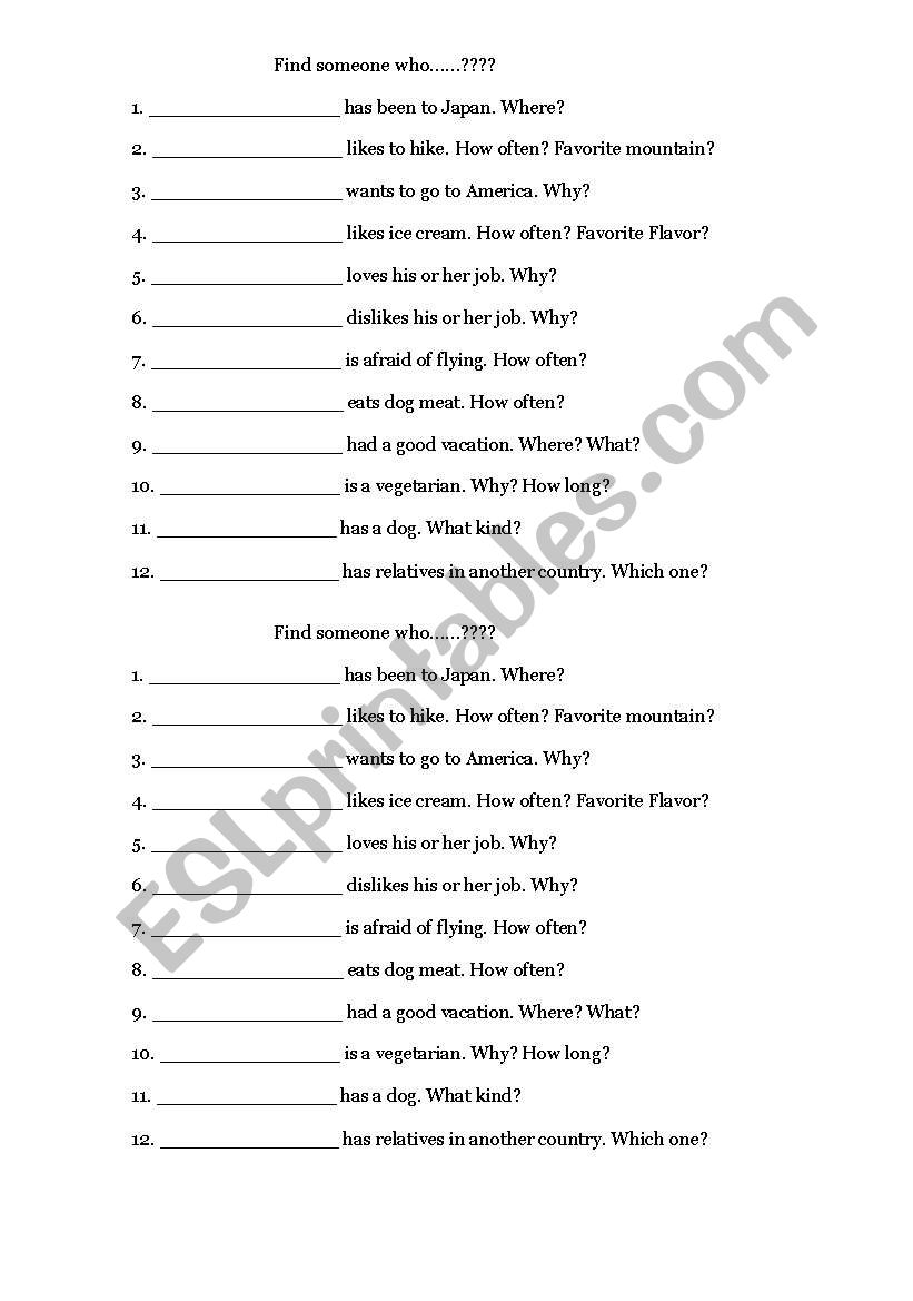 find someone worksheet
