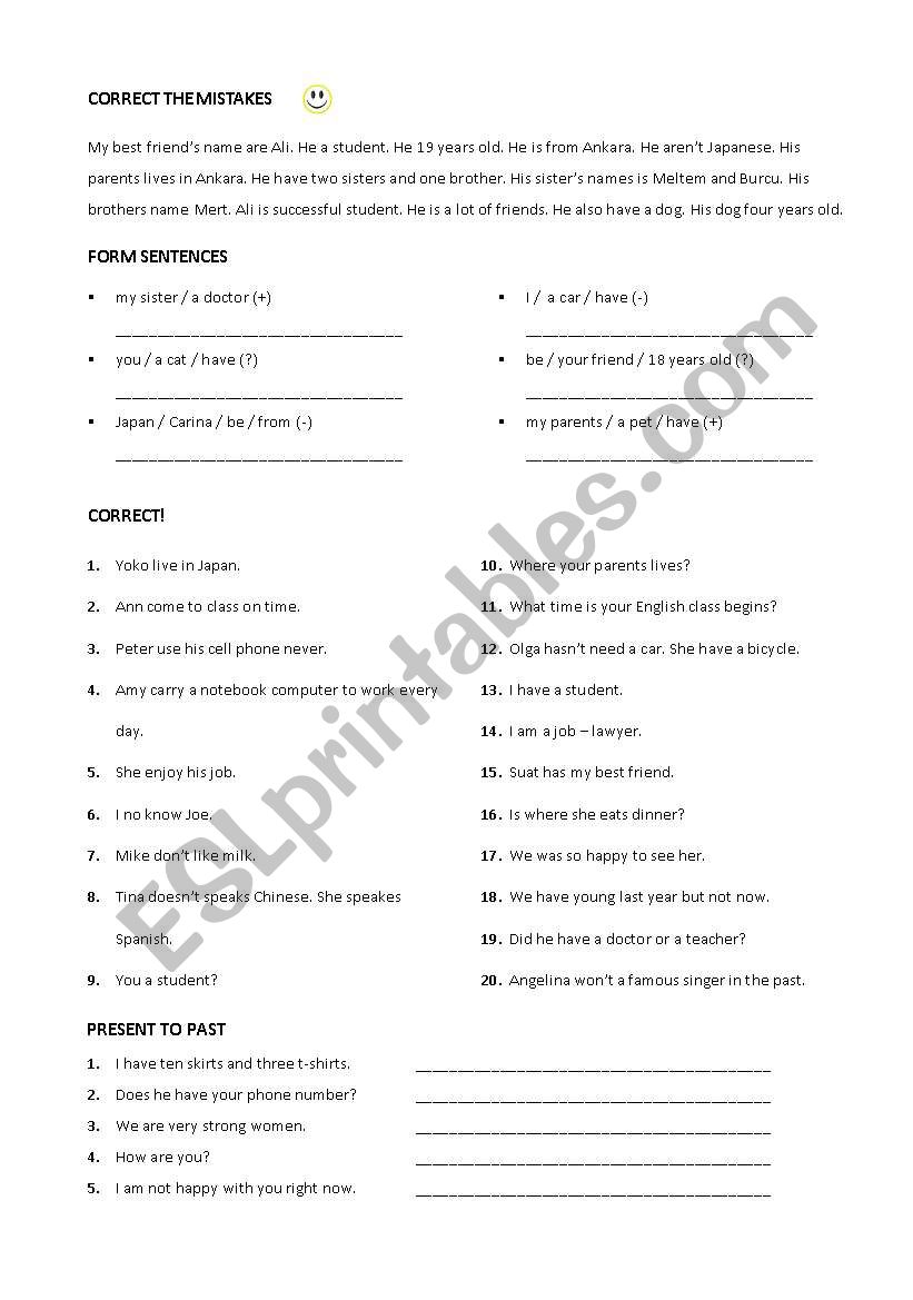 A grammar revision worksheet for elementary students