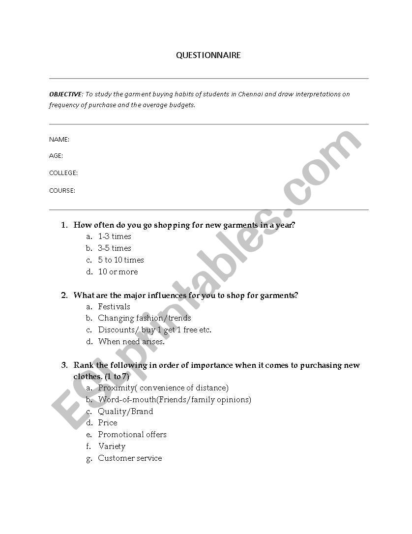 questionnaire worksheet