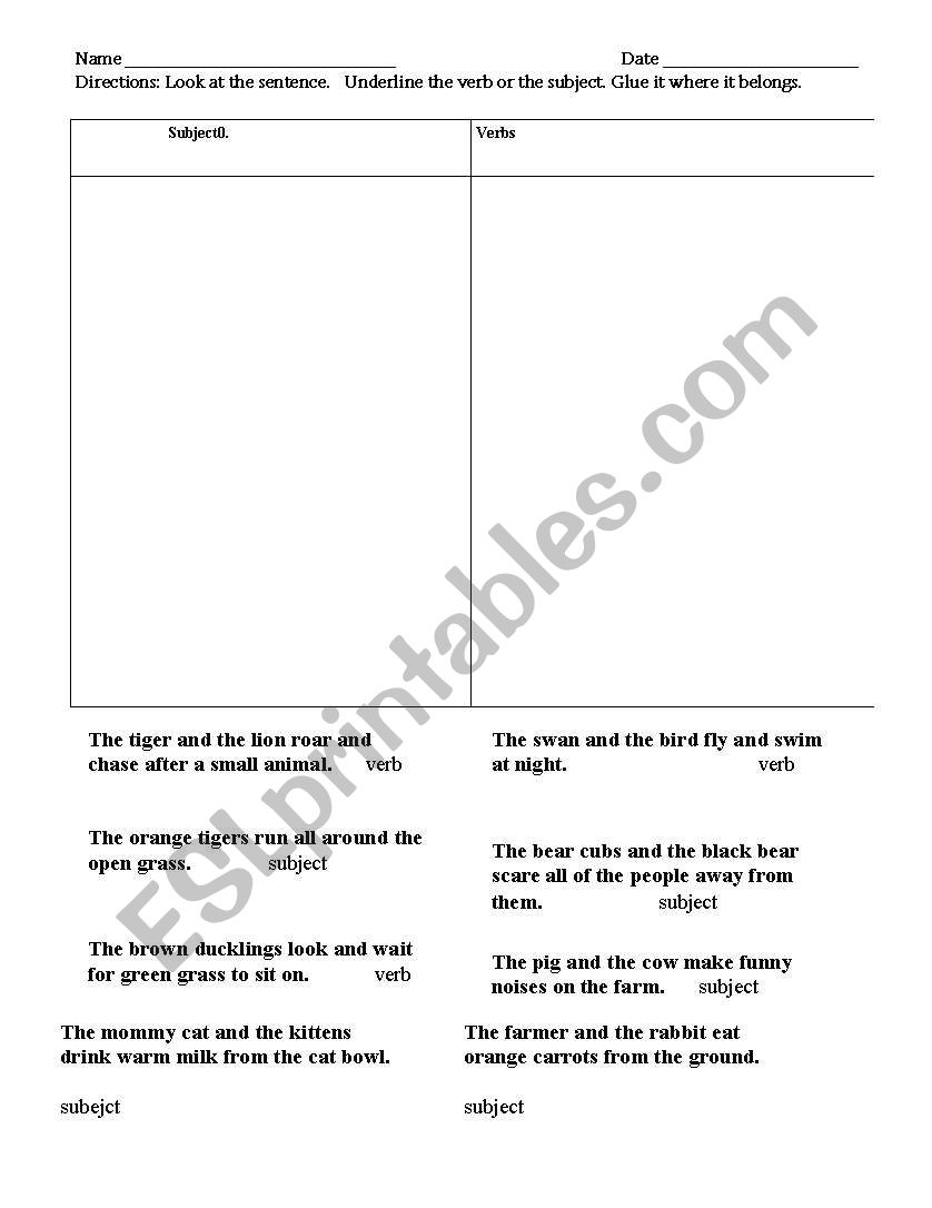 Animal Verbs or Subjects worksheet