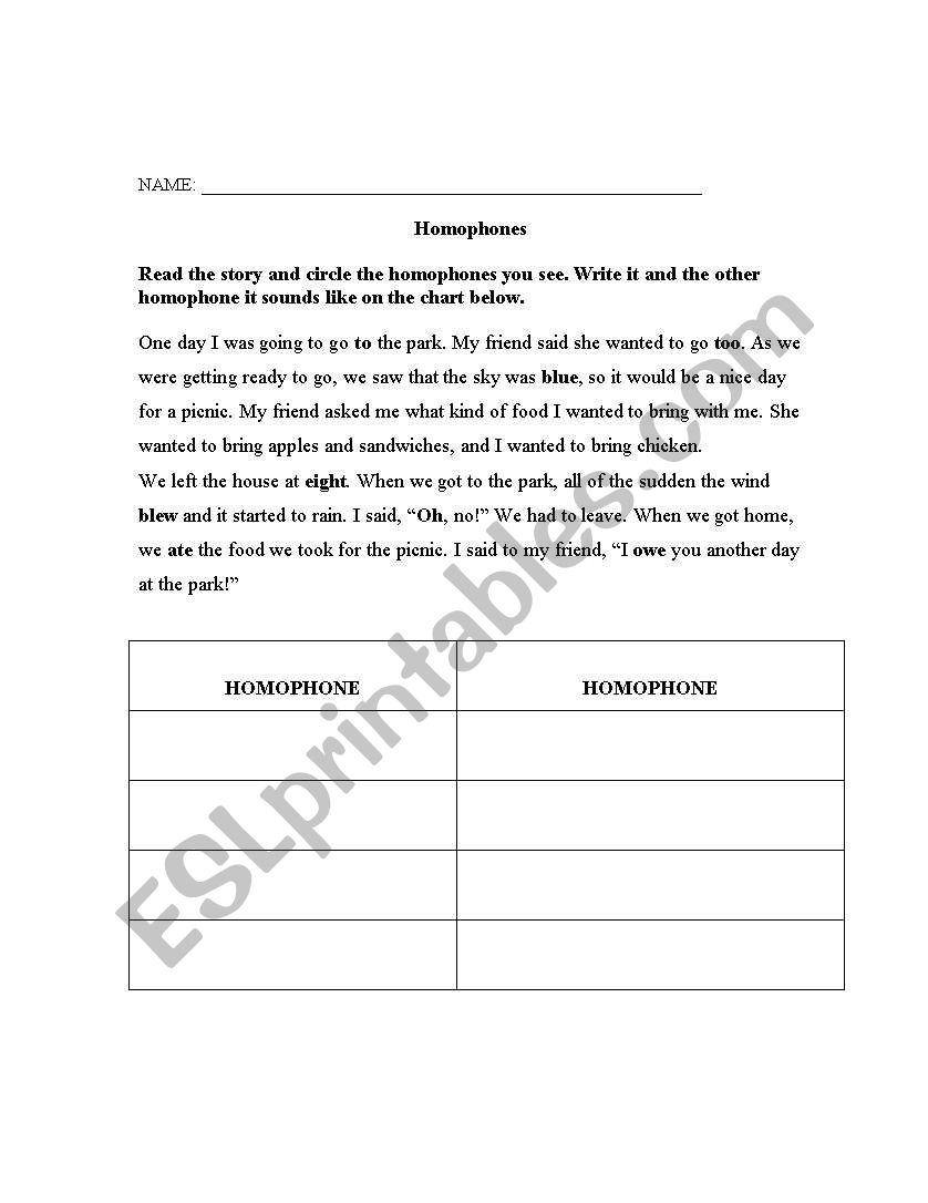 Homophones worksheet