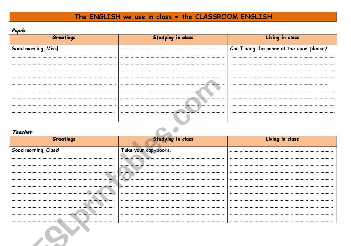 CLASSROOM ENGLISH: the English we use in class!