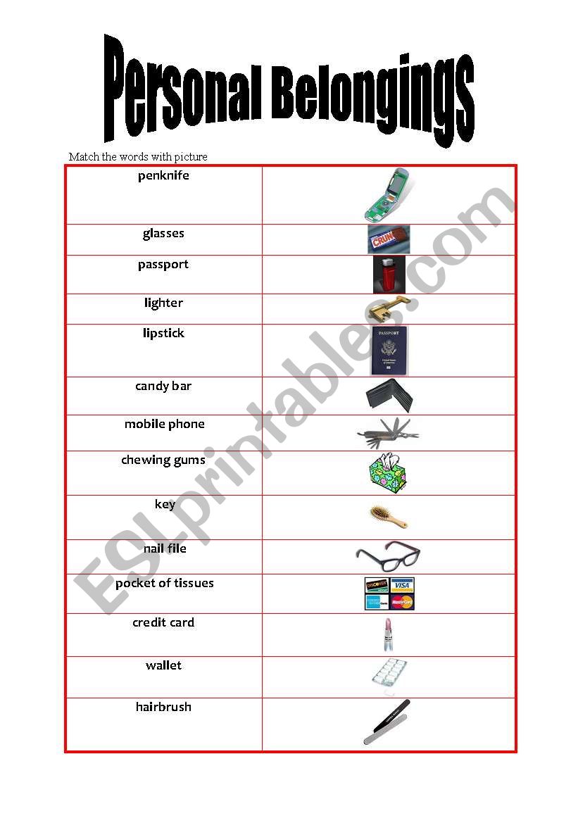 English Worksheets Personal Belongings Part 1