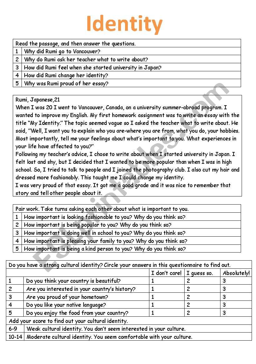 Identity worksheet