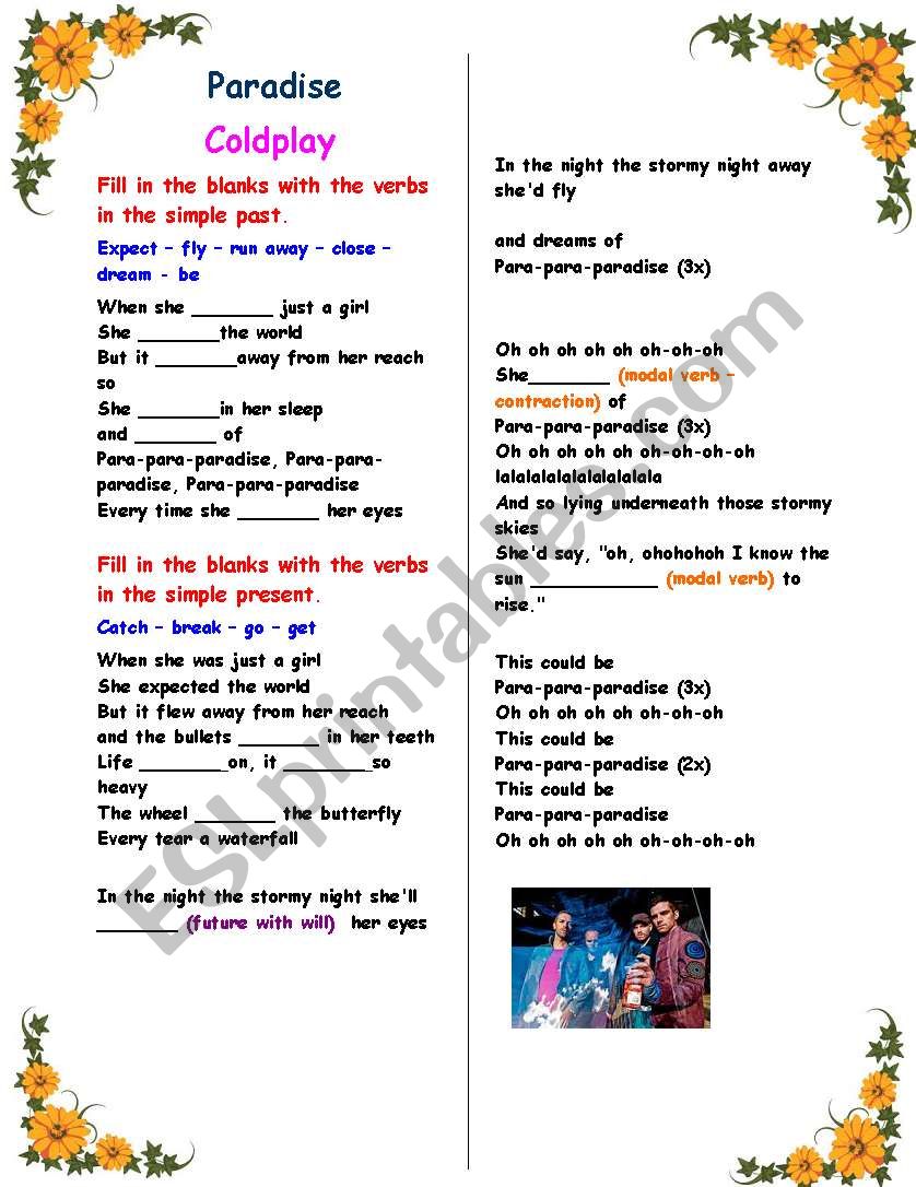 Working with verb tenses : Song - Paradise (Coldplay) , with answer key