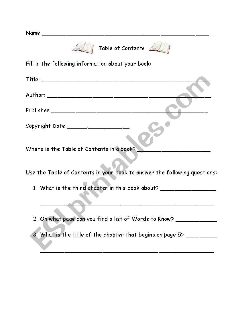 Table of Contents worksheet