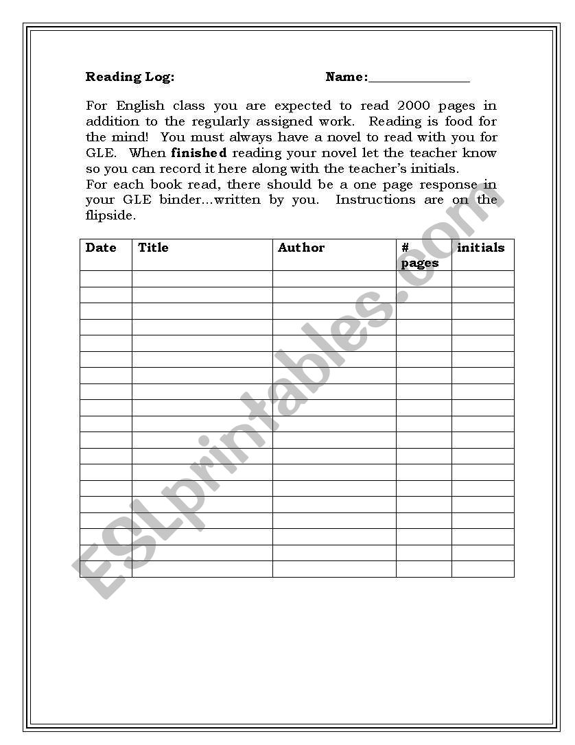 Reading Log worksheet