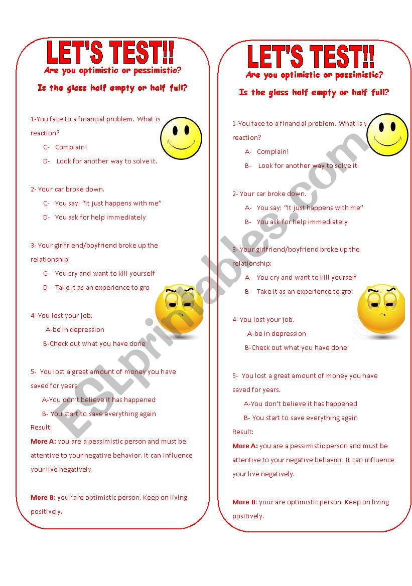 LETÂ´S TEST: ARE YOU PESSIMISTIC OR OPTIMISTIC