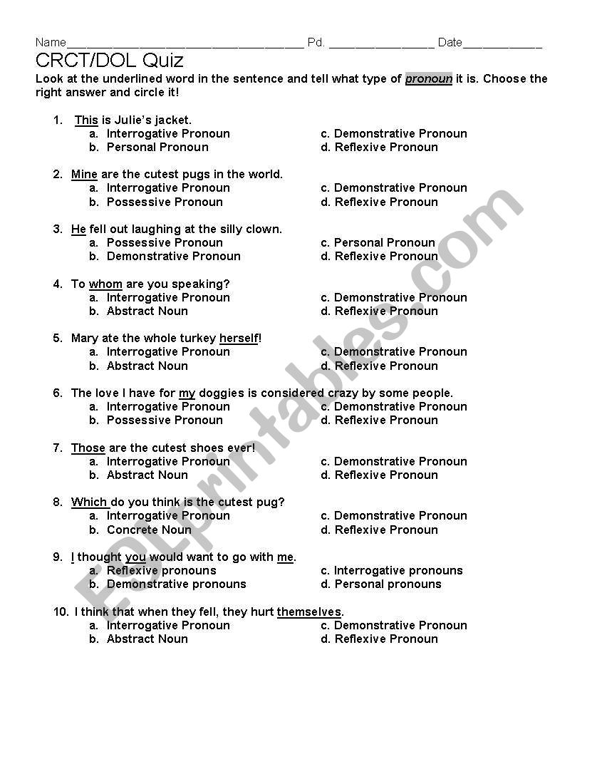 Types of Pronouns Quiz worksheet