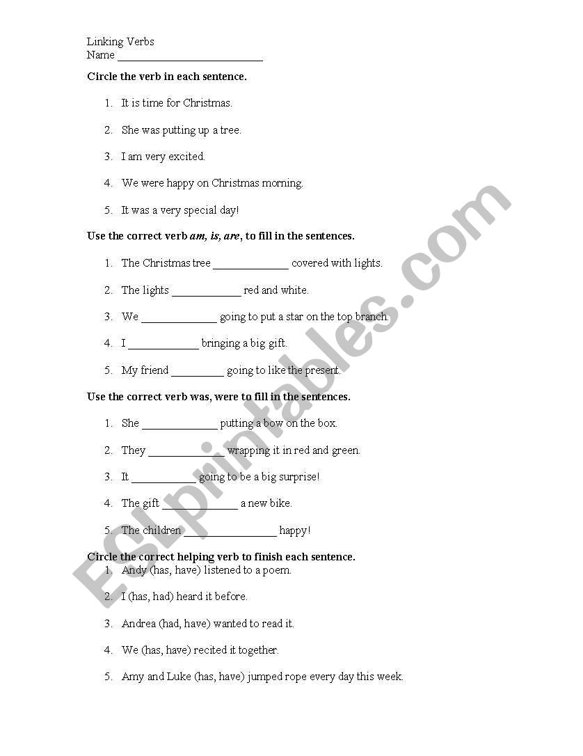 Linking Verbs worksheet