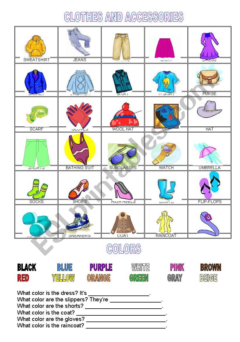 Clothes and accessories worksheet