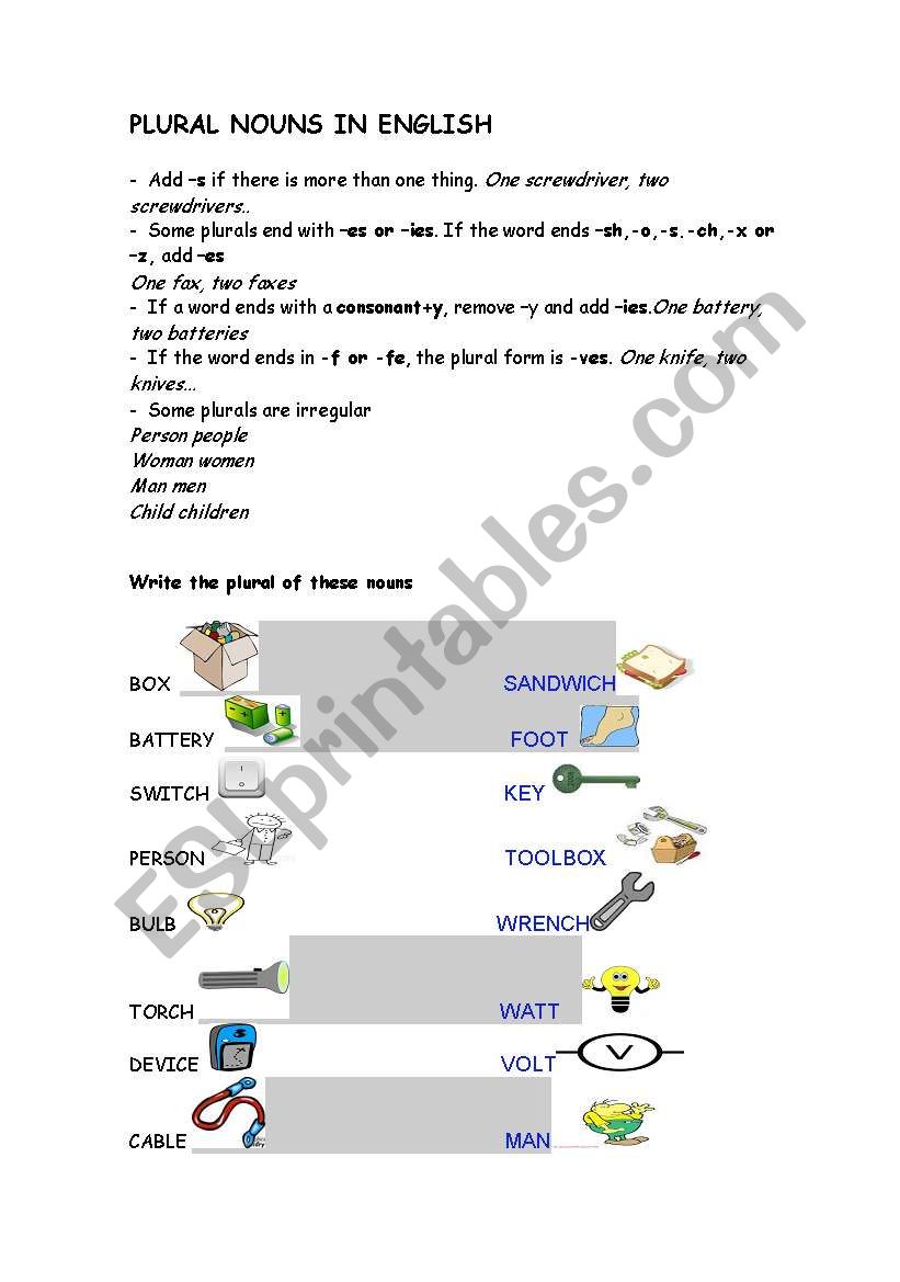 plurals for technical english worksheet