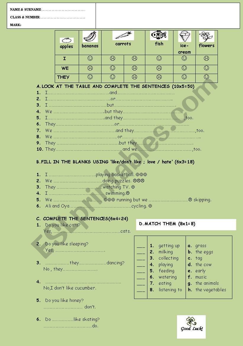 likes/dislikes worksheet