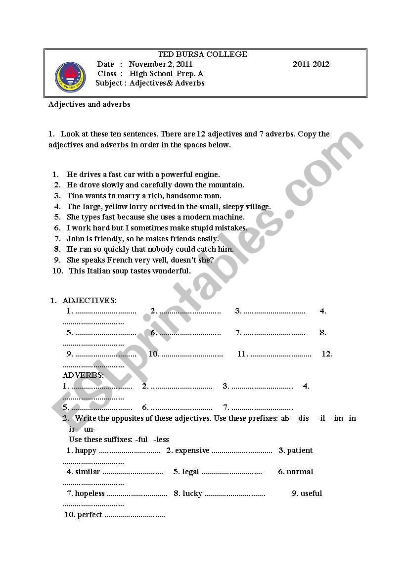 Adjective& Adverb worksheet