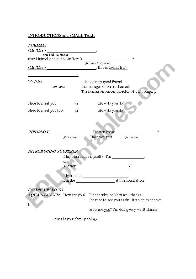 Introductions and Small Talk worksheet