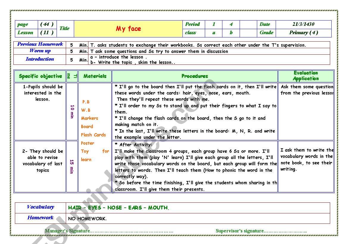 parts of face  worksheet